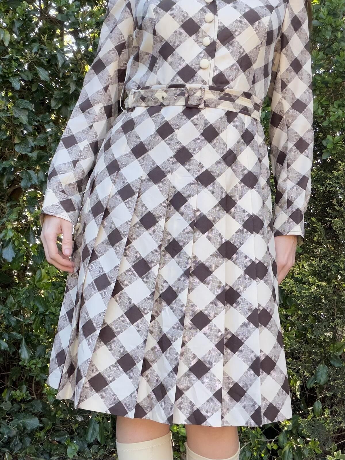 Vintage 1980s Shirt Dress Plaid Checkered Belted Pleated Dress Long sleeve 14
