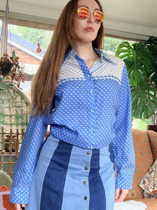 Vintage 1970s Retro Shirt Blue Patterned Button Up Blouse Size 16