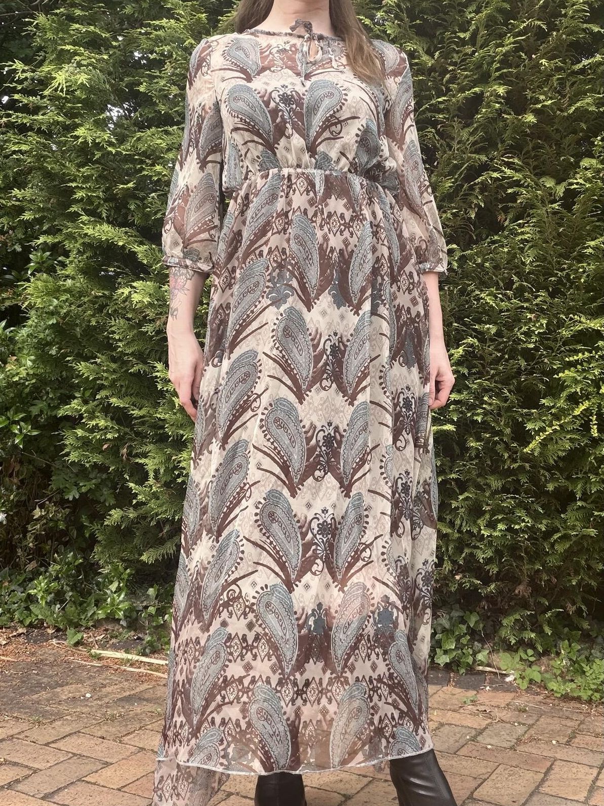 Hippie Boho Maxi Dress Vintage Style Paisley Pattern with Sheer Sleeves Size 12