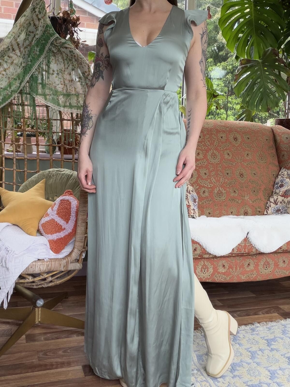 Green Satin Maxi Dress with Cap Sleeves and side split size 8 by H&M