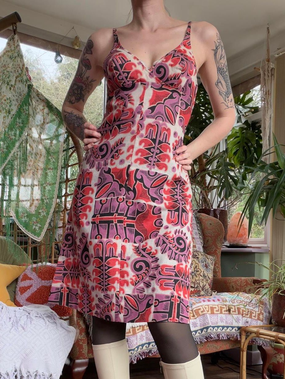 Vintage 1960s Summer Dress Pink and Red Retro Patterned Slip Dress Size 10