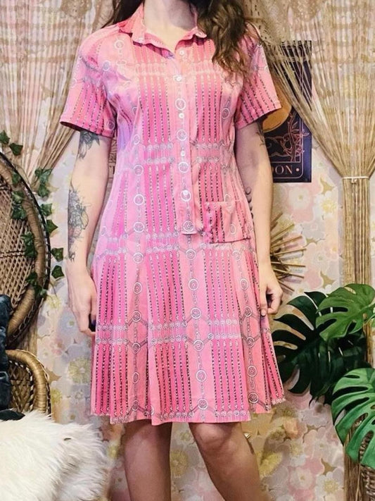 Vintage 1960s Shirt Dress Pleated With Buttons Short Sleeves Fun Retro Pink 14