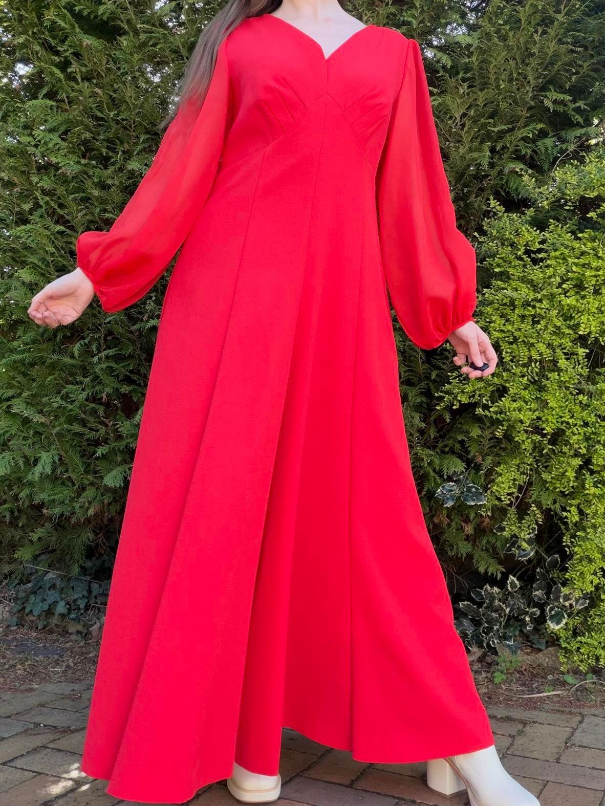 Vintage 1980s Maxi Dress Red Long Sheer Balloon Sleeves size 16