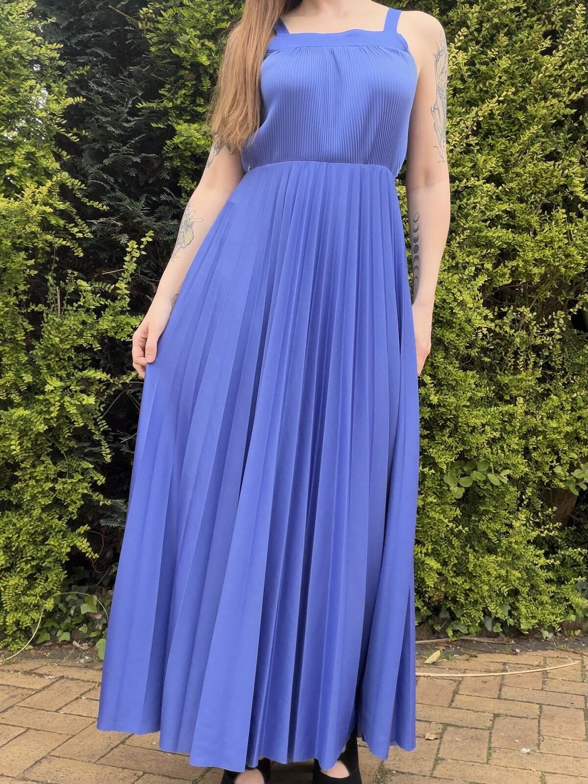 Vintage 1980s Blue Pleated Maxi Dress with Square Neckline Size 12