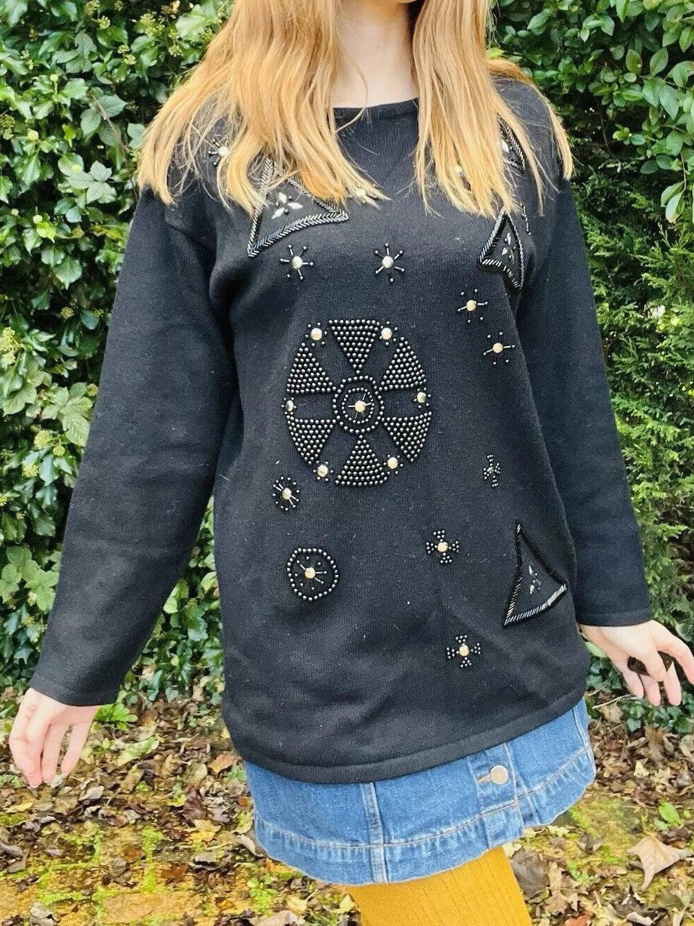 Vintage 1980s Wool Blend Jumper Size 14 Festive Christmas Sweater Beaded Black