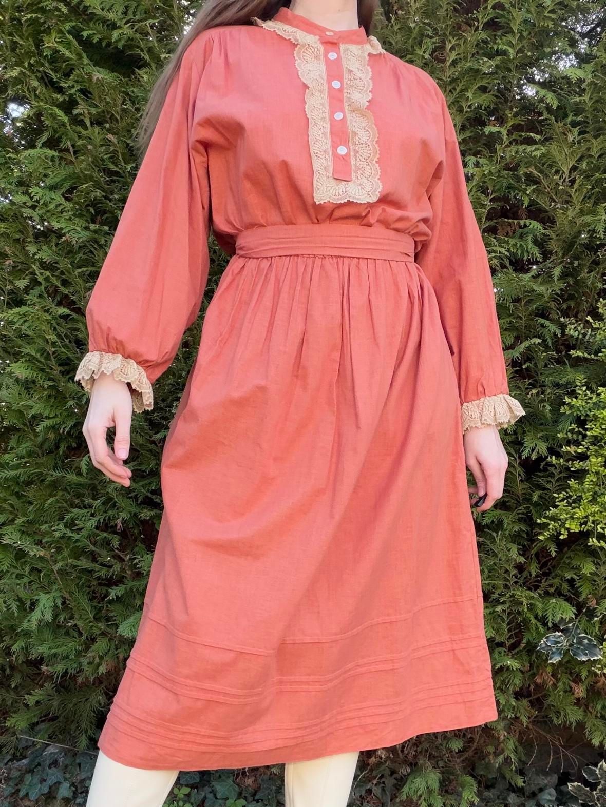 Vintage 1980s Shirt Dress Long Sleeve Midi Dress with Lace Trim Size 16 to 18
