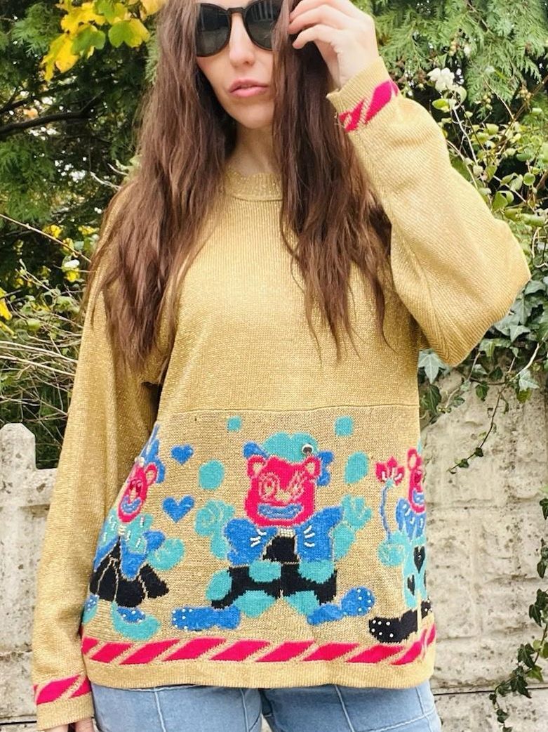 Vintage 1980s Knit Jumper Sparkly Gold Size 14 To 16 Retro 1980s Teddy Sweater