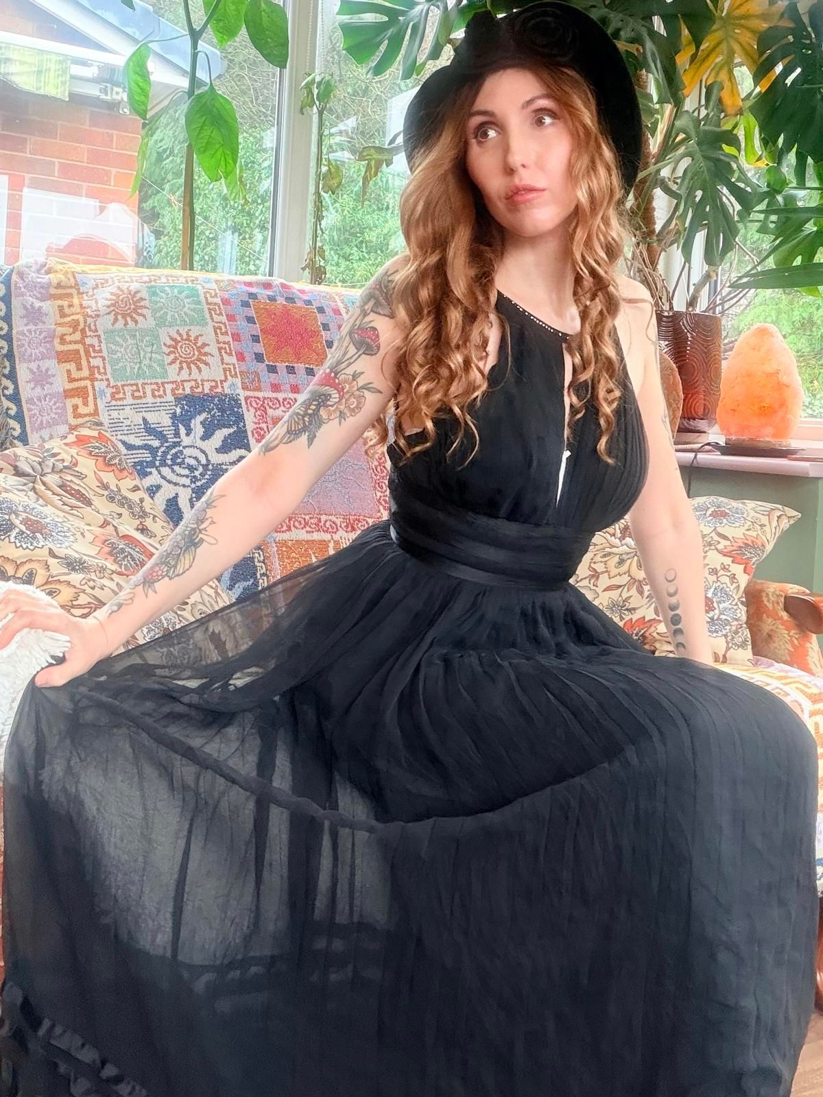 Vintage Black cocktail Dress size 6 Diamanté detail and sheer overlay