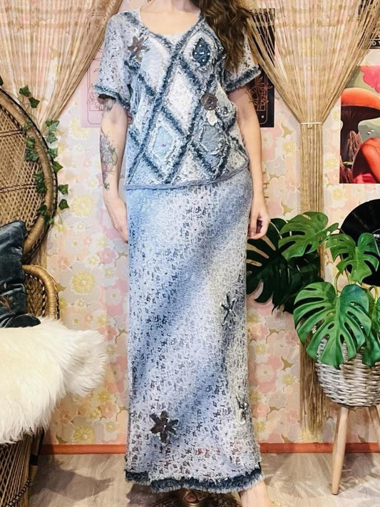 Vintage 1990s Two Price Coord Set Maxi Skirt T-shirt Top Frayed Denim Look 14