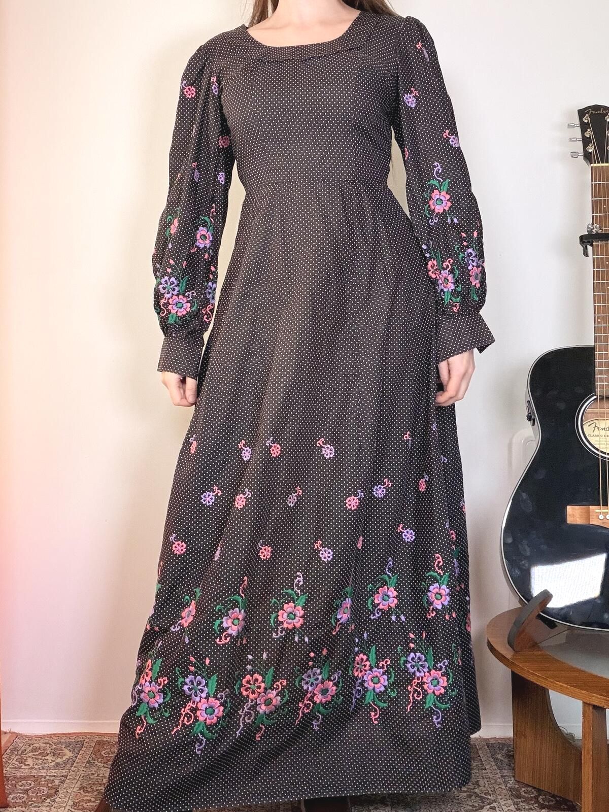 Vintage 1970s Prairie Dress Black Maxi Dress with Flowers and Polka Dots Size 8