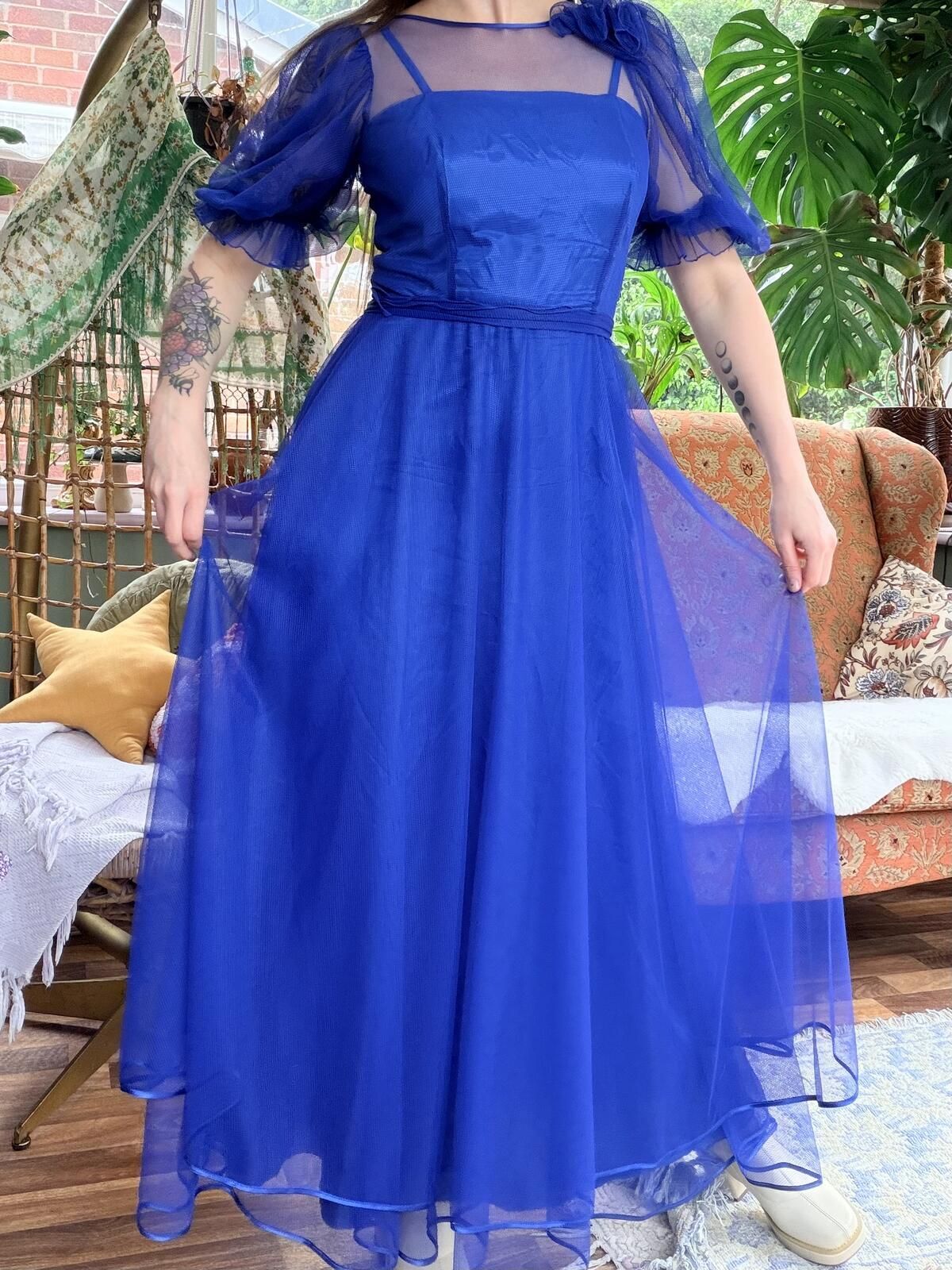 Vintage 1980s Party Dress Blue Sheer Sleeve Maxi Dress Size 8