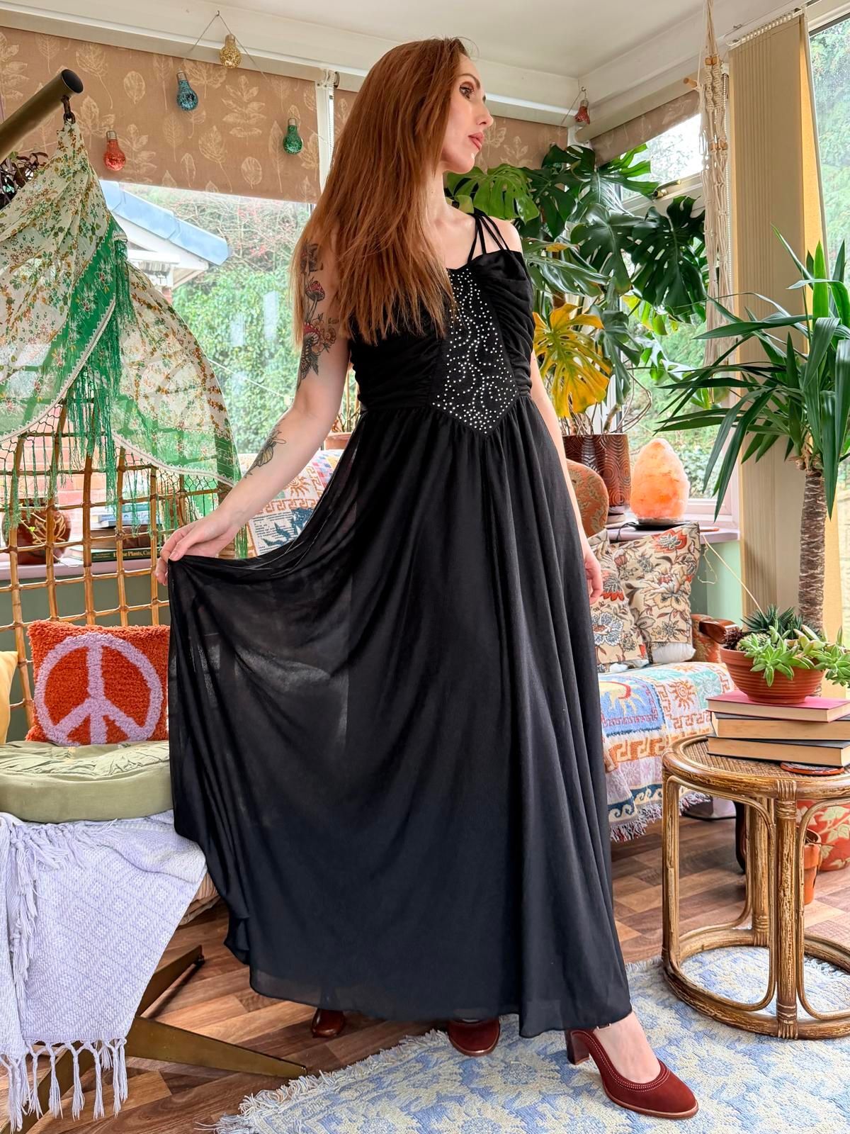 Vintage 1970s cocktail Dress black size 14 long maxi diamanté and Strappy Detail
