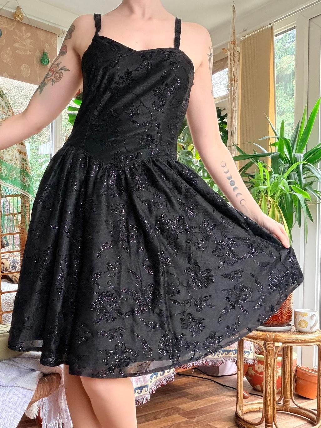 Vintage 1990s party dress Black size 12 by C&A sparkly Midi removable Straps