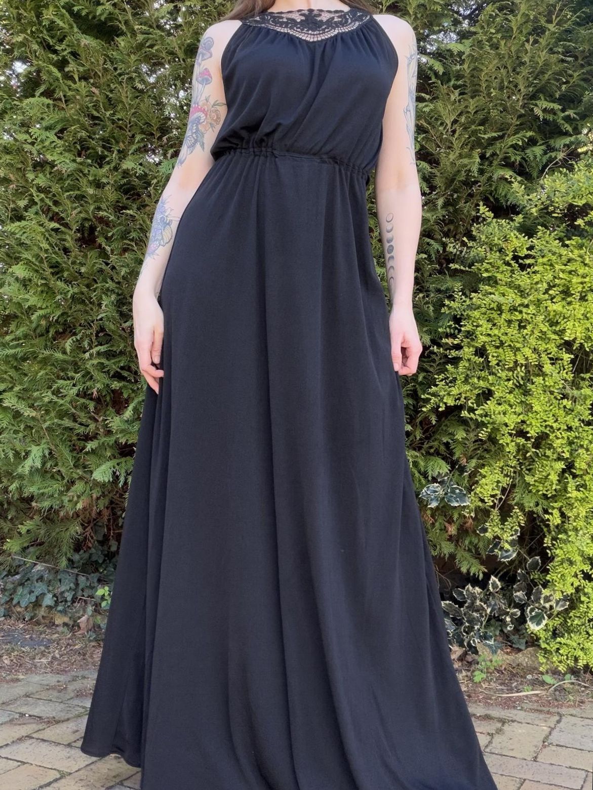 Vintage 1970s Maxi Dress Black Size 10 to 12 with Lace Detail
