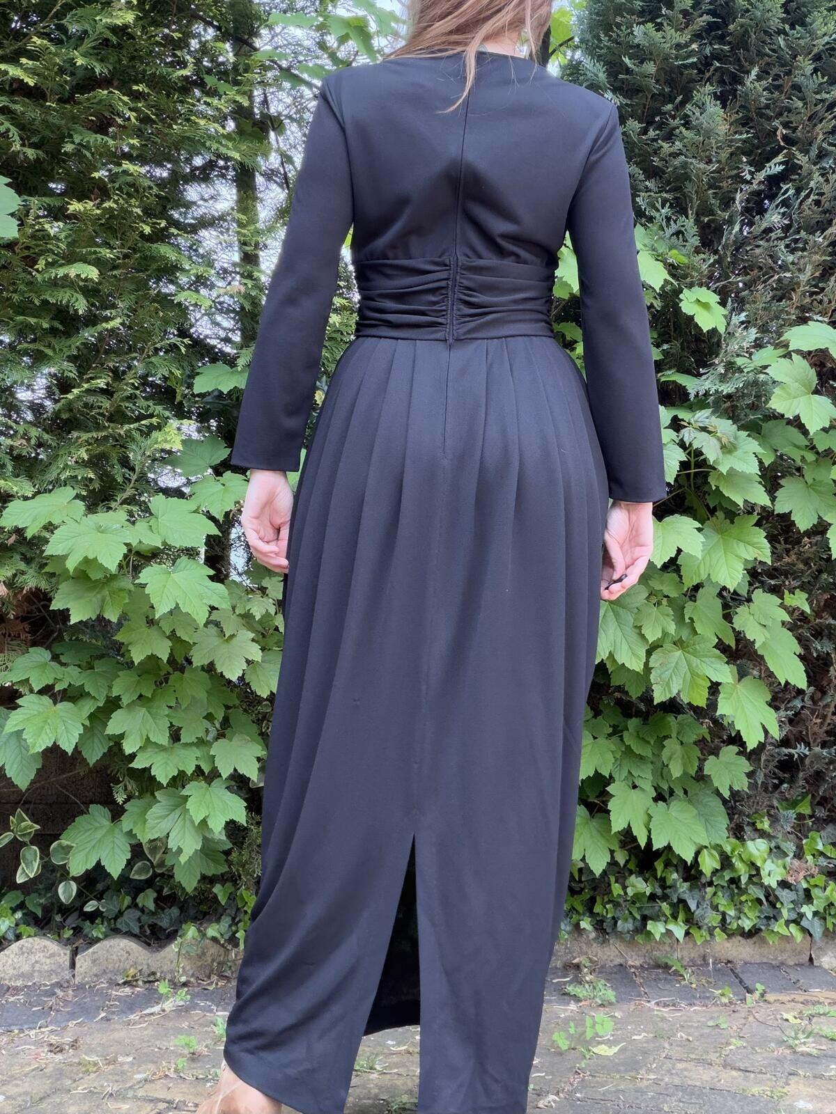 Vintage 1980s Drape Dress Black Long Sleeve Maxi Dress with Ruched Waist size 14