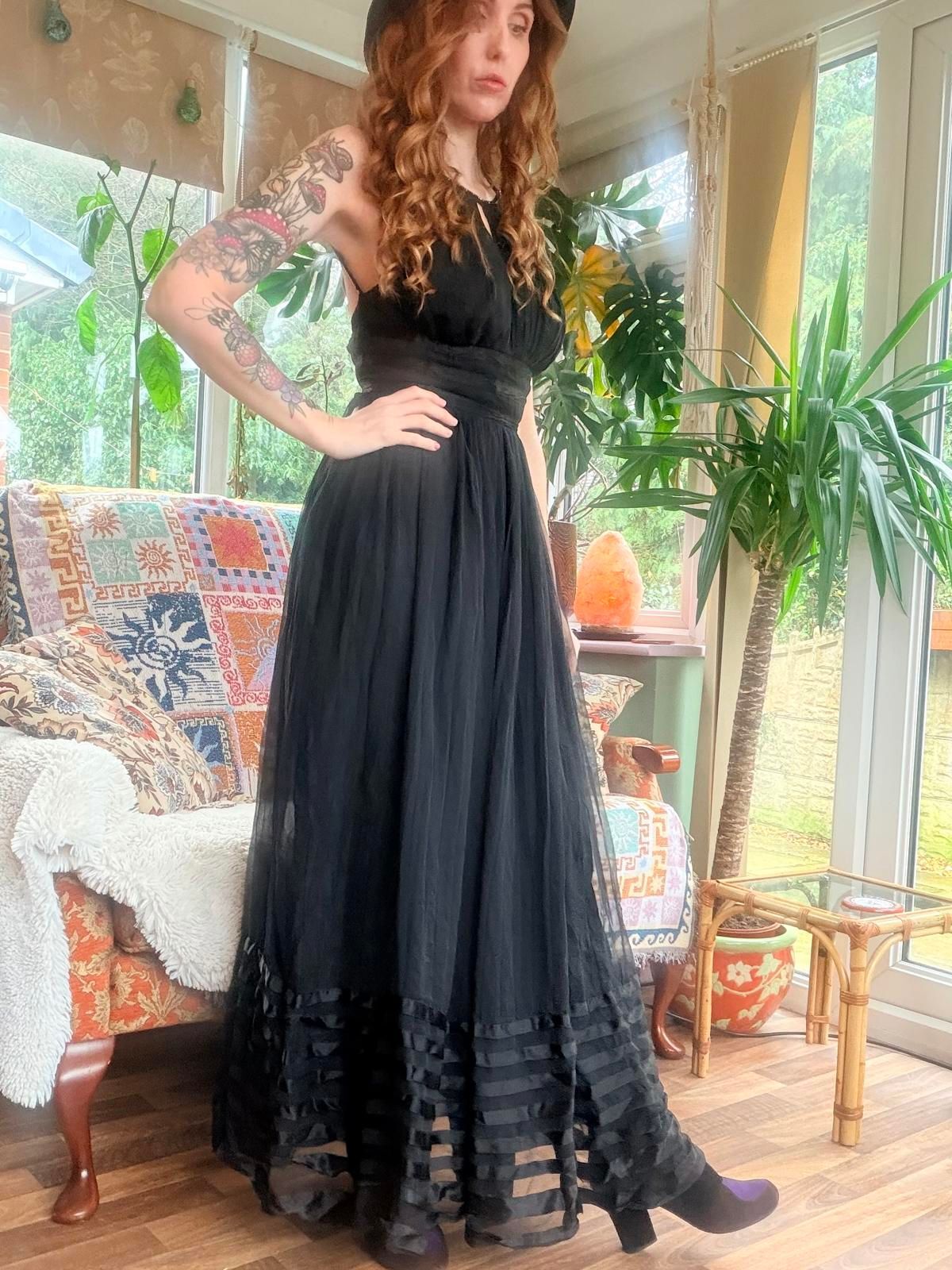 Vintage Black cocktail Dress size 6 Diamanté detail and sheer overlay