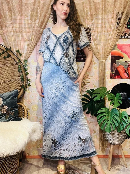 Vintage 1990s Two Price Coord Set Maxi Skirt T-shirt Top Frayed Denim Look 14